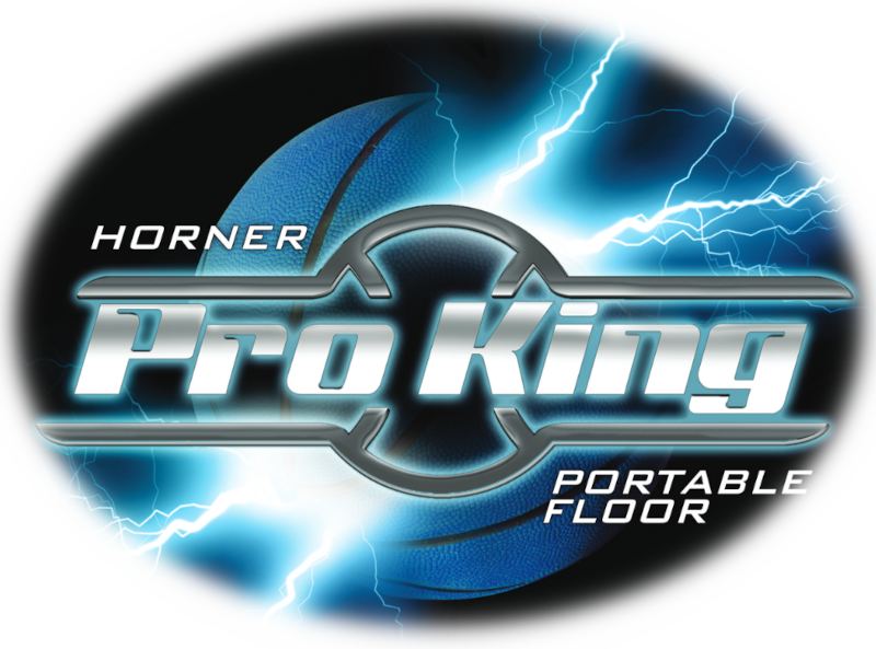 Logo of the Horner ProKing Portable Floor on a black backgound with white lightening bolts and blue shadows shown behind the logo