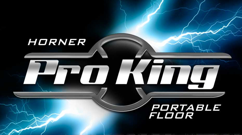 Logo of the Horner ProKing Portable Floor on a black backgound with white lightening bolts and blue shadows shown behind the logo