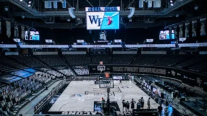 Certified Performance Flooring - Wake Forest basketball arena looking from seats at one end