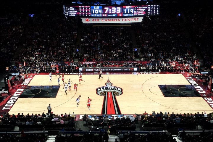 Wide image showing the 2016 All-Star basketball court and air canada centre scoreboard used to highlight floors on the decision maker page.
