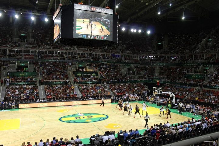 Wide image showing Rio basketball court at he HSBC arena used to highlight floors on the decision maker page.