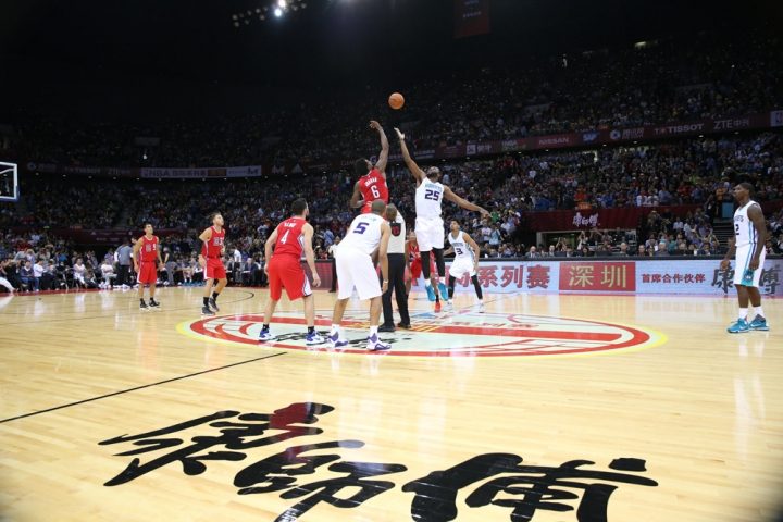 low angle image showing the Shenzhen Universiade basketball court used to highlight floors on the decision maker page.
