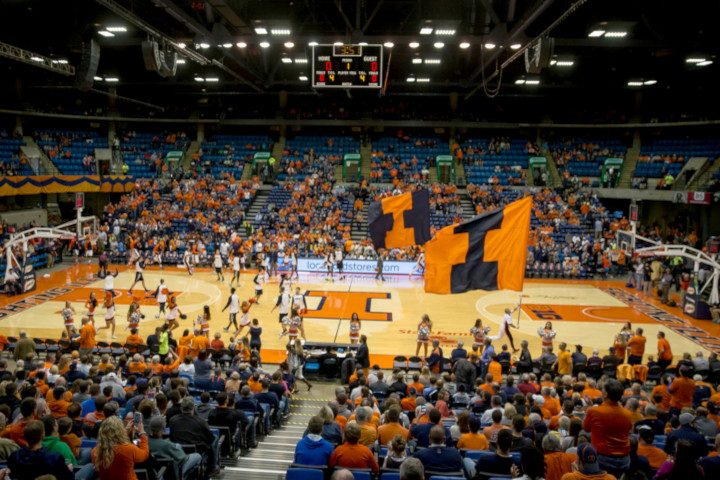 Wide image showing the University of Illinois basketball court and fieldhouse used to highlight floors on the decision maker page.