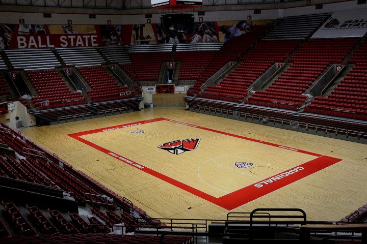 Wide image showing Ball State Cardinals basketball court and fieldhouse used to highlight floors on the decision maker page.