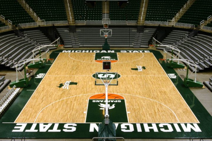 wide angle image of the Michigan State basketball court at the Breslin Center used to highlight floors on the decision maker page